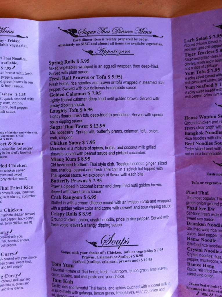 Menu at Sugar Thai Food restaurant, Ellensburg
