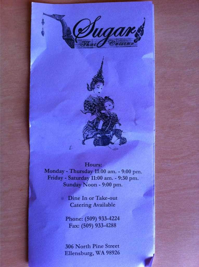 Menu at Sugar Thai restaurant, Ellensburg