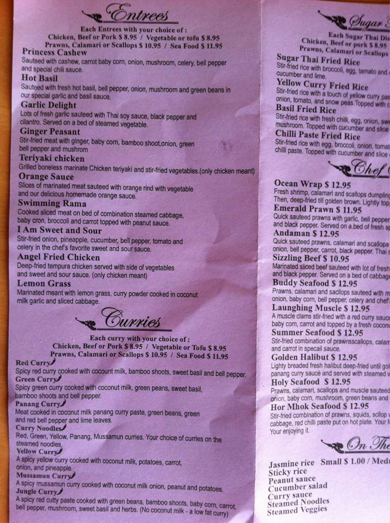 Menu at Sugar Thai Food restaurant, Ellensburg