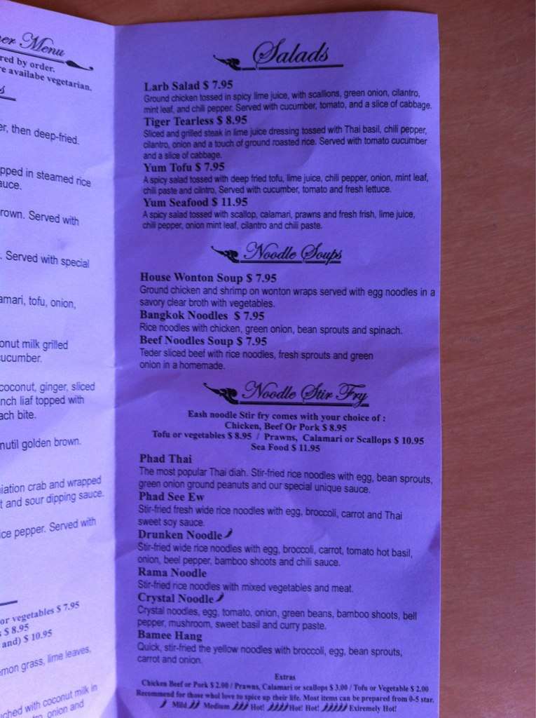 Menu at Sugar Thai restaurant, Ellensburg