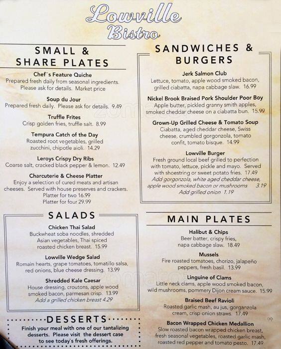 Menu at Lowville Bistro restaurant, Burlington