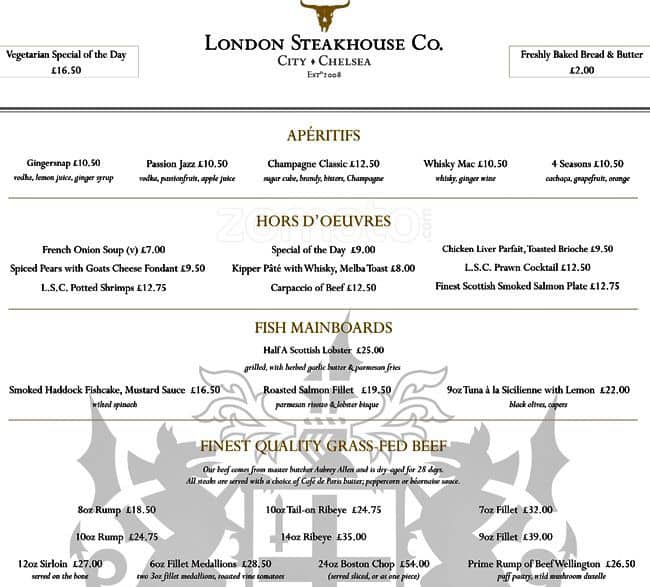 London Steakhouse Co. Menu, Menu for London Steakhouse Co., Chelsea