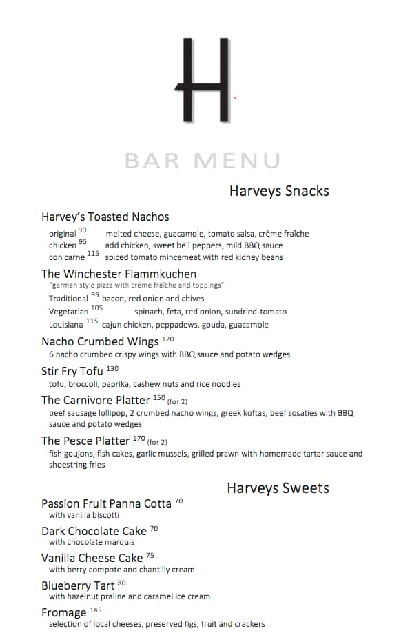 Menu at The Winchester Boutique Hotel Cape Town restaurant, Cape Town