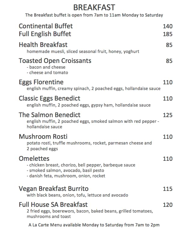 Menu at The Winchester Boutique Hotel Cape Town restaurant, Cape Town