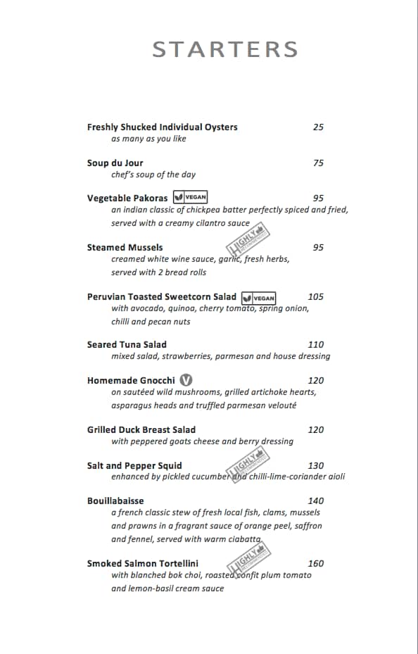 Menu at The Winchester Boutique Hotel Cape Town restaurant, Cape Town