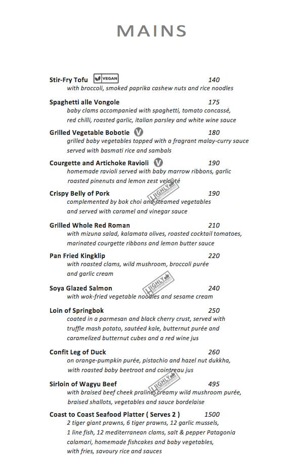 Menu at The Winchester Boutique Hotel Cape Town restaurant, Cape Town