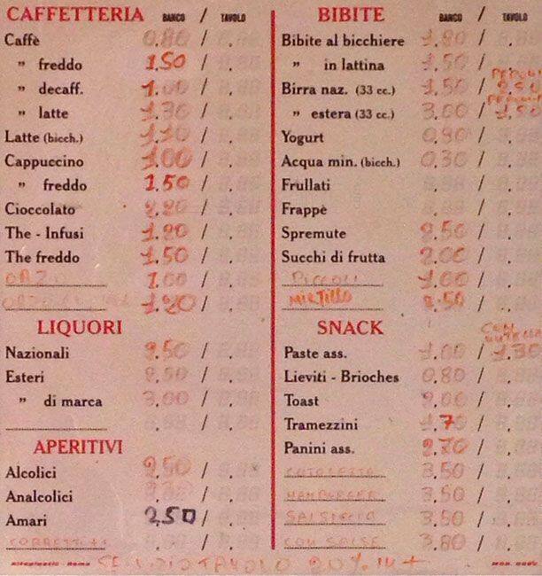 Menu di Bar Tirreno 