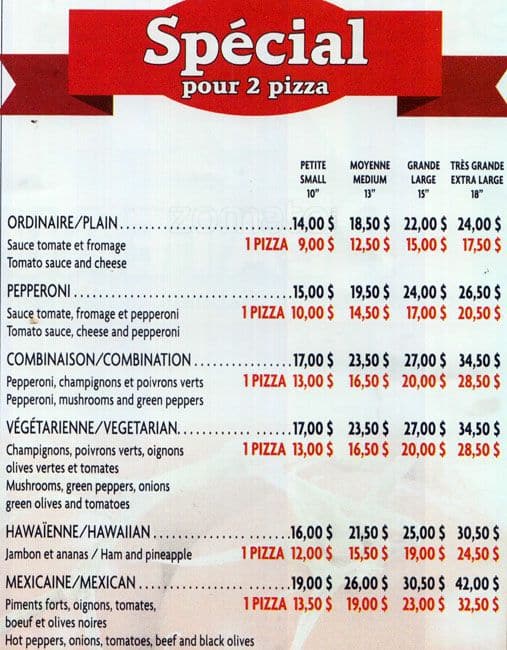 Pizza Plateau Menu, Menu for Pizza Plateau, Aylmer, Gatineau Region