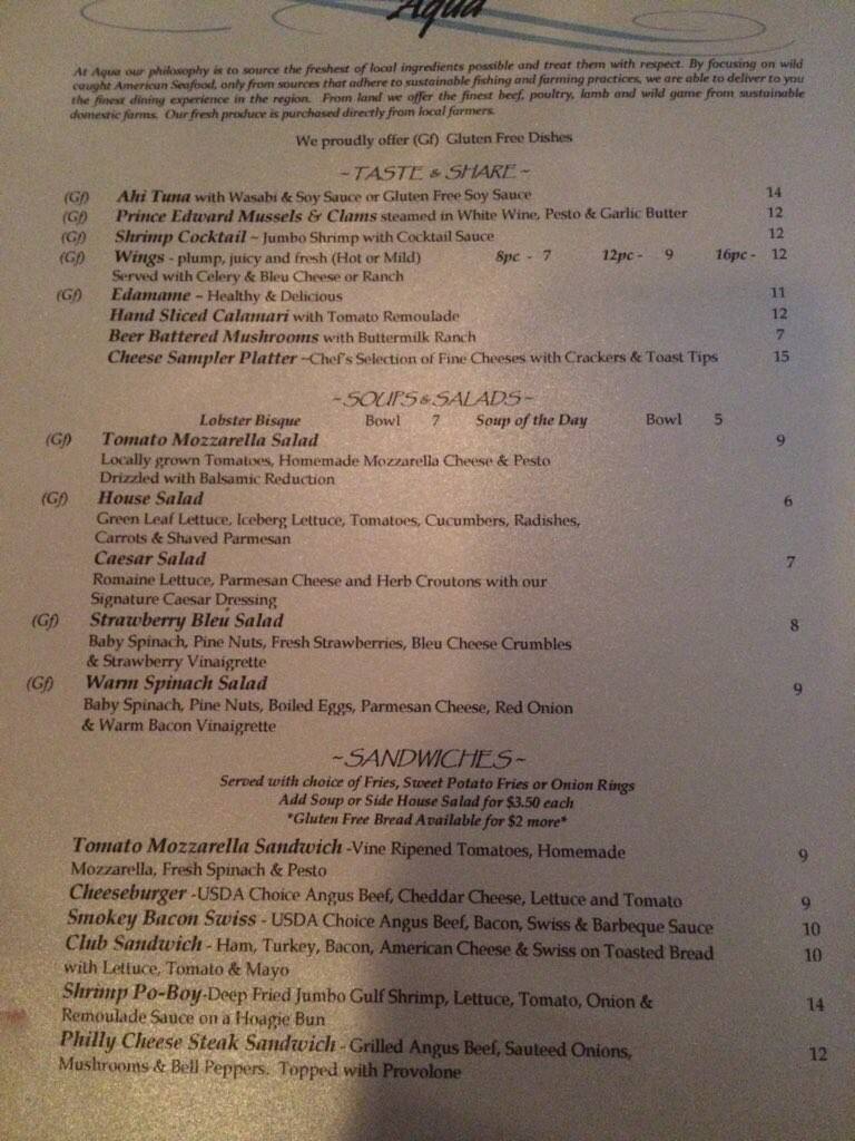 Aqua Restaurant Menu, Menu for Aqua Restaurant, Guntersville