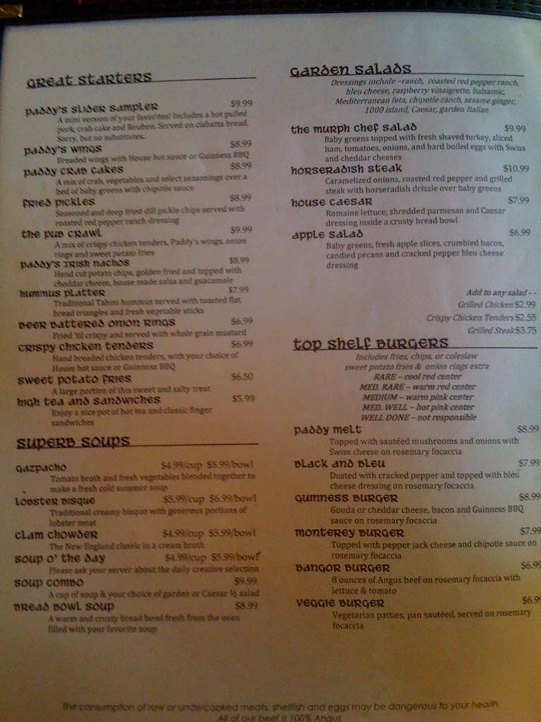 Menu at Paddy Murphys pub & bar, Bangor