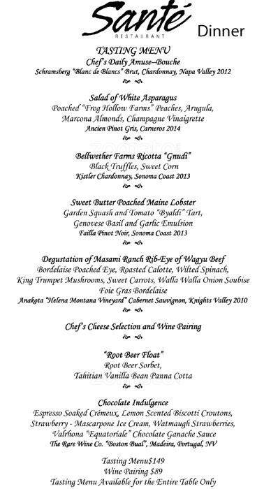 Sante Menu Menu For Sante Sonoma Sonoma