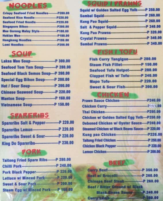 Carta del restaurante Taitong Steamers Foods, Mandaue