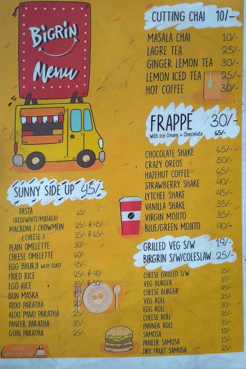 Bigrin Cafe Menu Menu For Bigrin Cafe Subhash Nagar