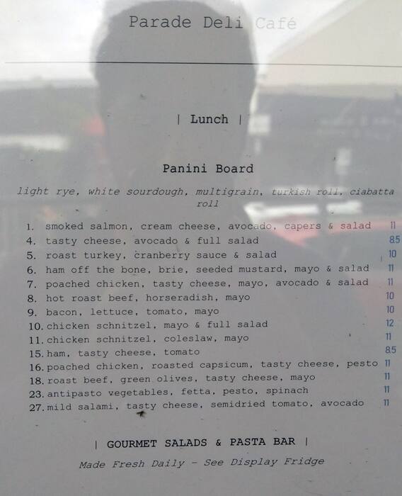 Parade Menu Menu at Parade Deli cafe, Williamstown