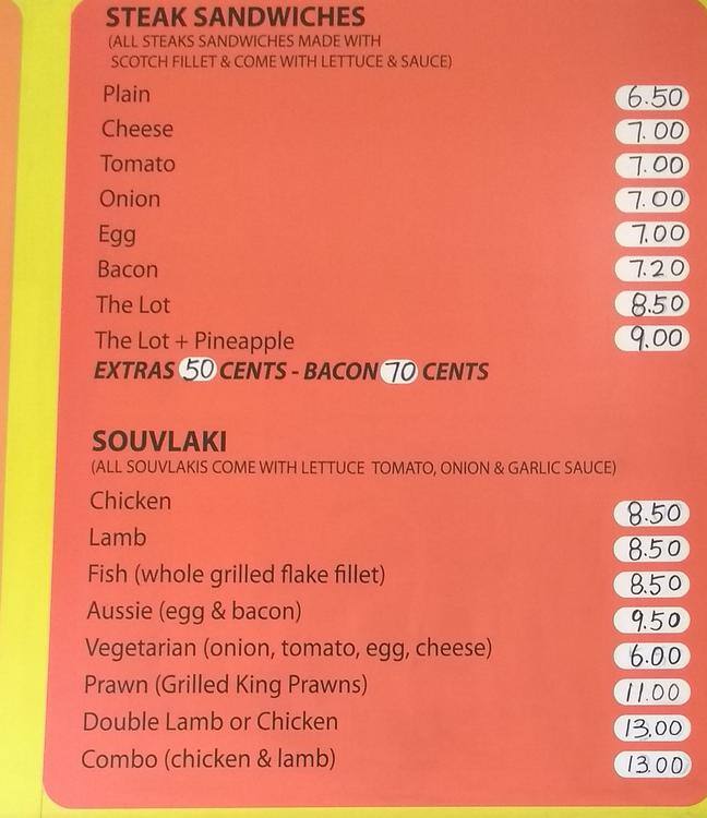 Menu at Con's Corner restaurant, Thornbury