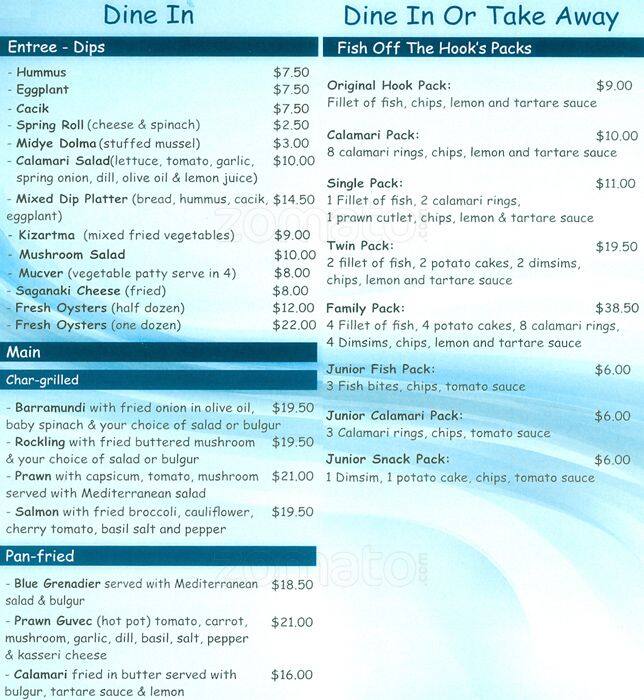 Fish Off The Hook Menu, Menu for Fish Off The Hook, Prahran, Melbourne