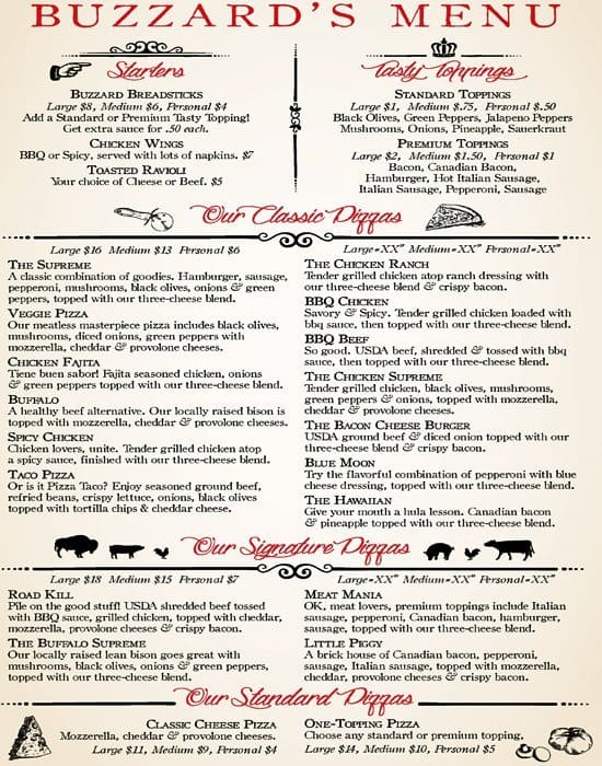 Buzzards Pizza Menu, Menu for Buzzards Pizza, Pomona, Pomona
