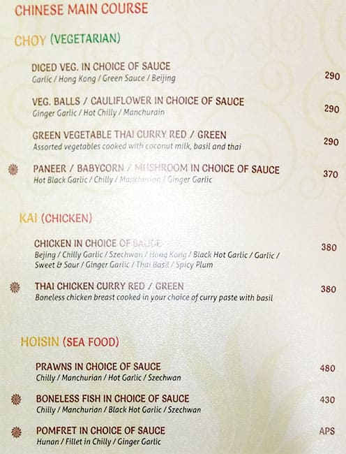Sai Palace Hotel & Gardens menu
