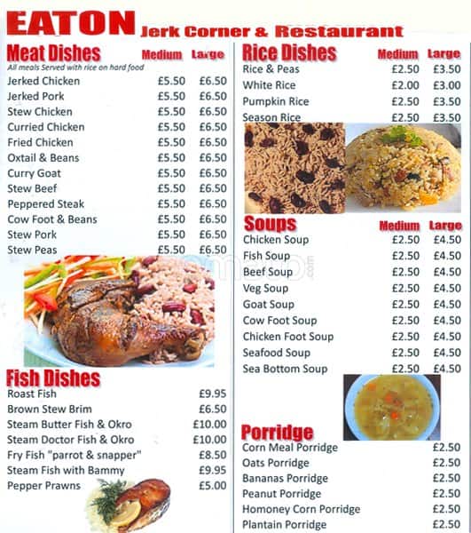 Menu at Eaton's Jerk Corner fast food, London, 1 Downs court parade