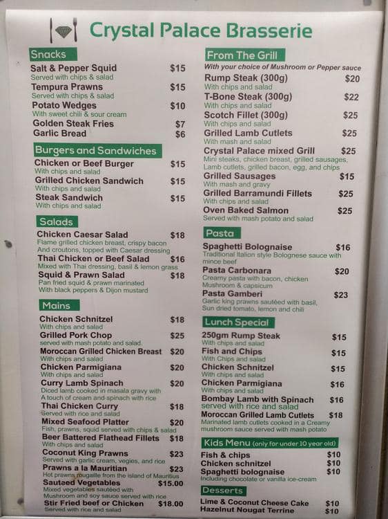 Menu at Crystal Palace Hotel restaurant, Sydney, 789 St