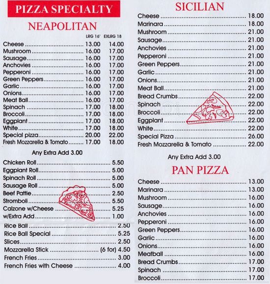 Menu at Pizza Den pizzeria, New York City