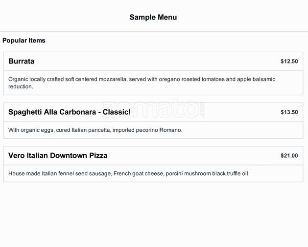 Vero Italian Menu, Menu for Vero Italian, Downtown Miami, Miami