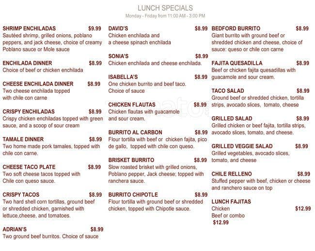 Menu at Lupe's Tex Mex Grill restaurant, Keller