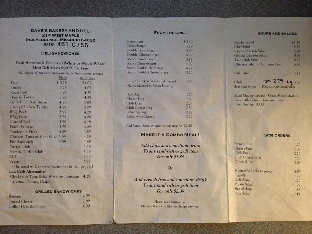 Menu at Dave's Bakery & Deli, Independence