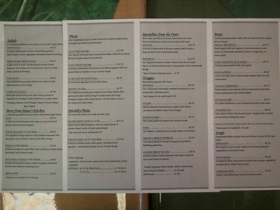 Carta de Diana's Pizzeria Restaurant