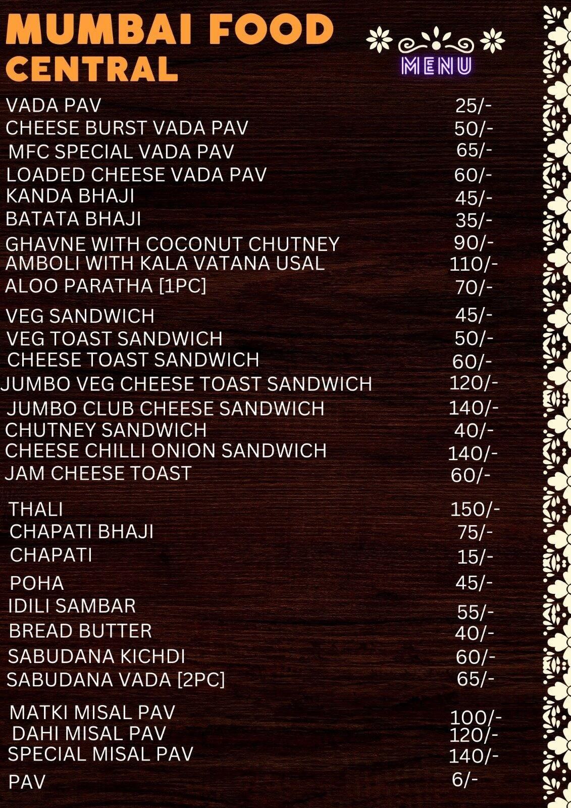 Menu Of Mumbai Food Central Airoli Navi Mumbai