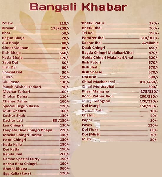 Bhajohari Ranna menu