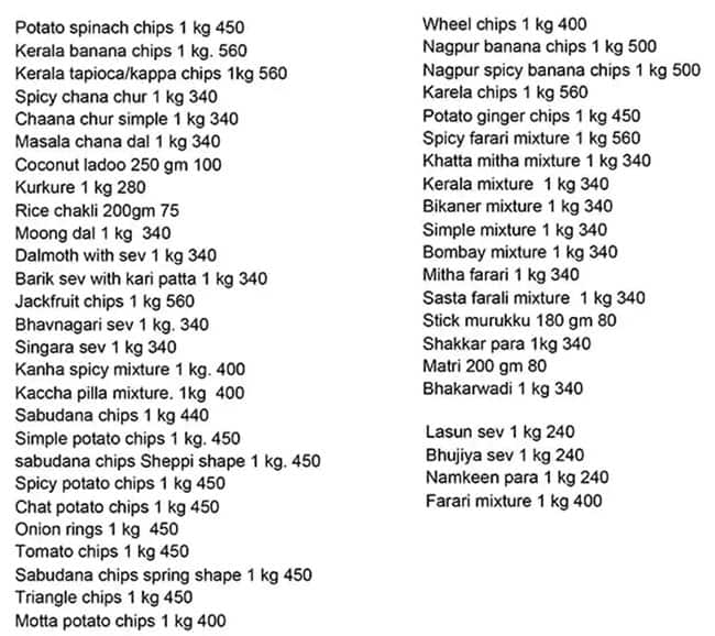 Menu of Hot Chips, Mankapur, Nagpur