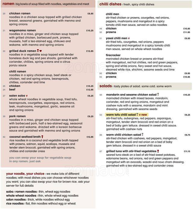 Menu at Wagamama restaurant, Salford, unit 2 orange tower media city