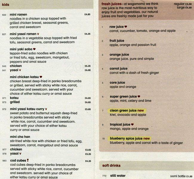 Menu at Wagamama restaurant, Salford, unit 2 orange tower media city