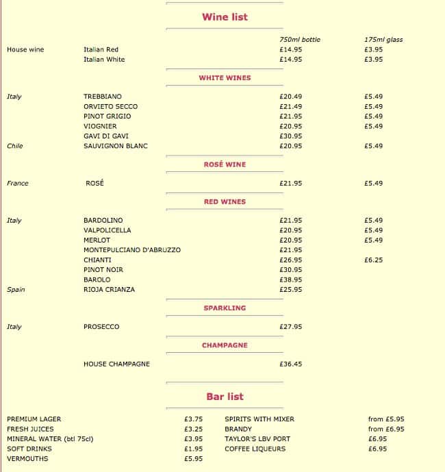 Menu at Harry's Bar Pizzeria, London