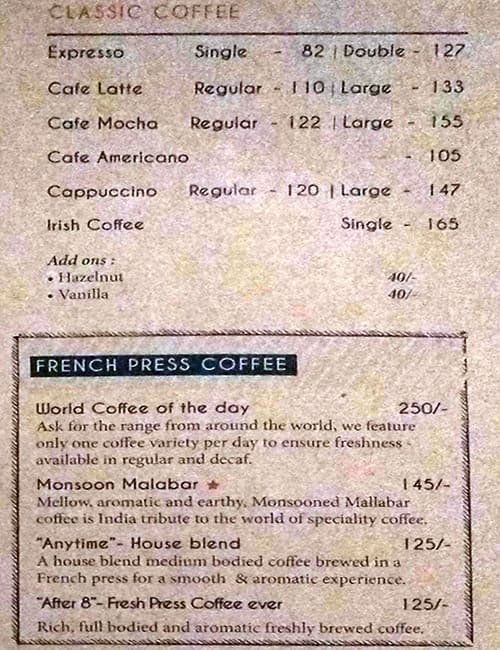 The Gallery Cafe menu