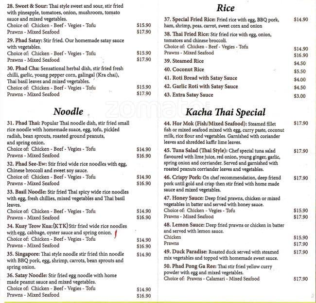 Menu at Kacha Thai Restaurant, Dromana