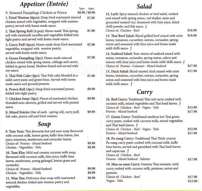 Menu at Kacha Thai Restaurant, Dromana