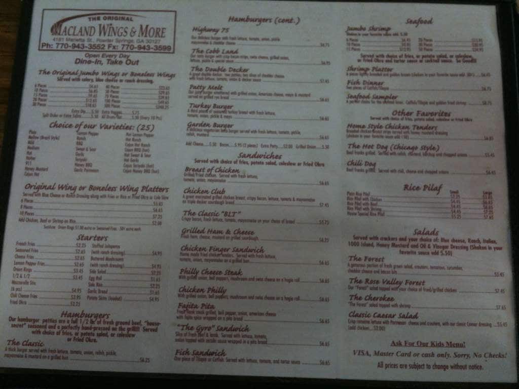 Mac Land Wings & More Menu Urbanspoon/Zomato