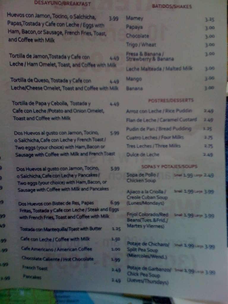 Menu at Latin Cafe, Miami Beach, 441 41st St