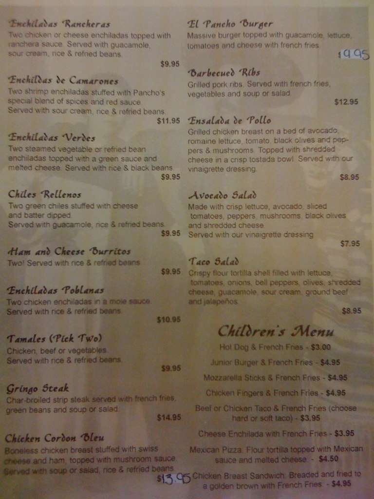 Menu at Pancho Villa's restaurant, Tannersville, Main St