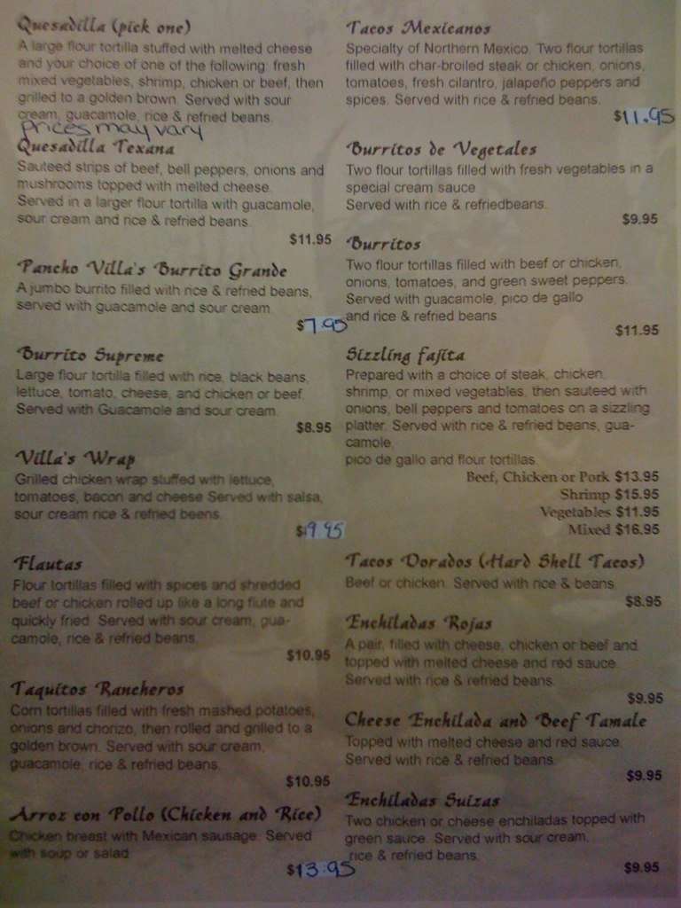 Menu at Pancho Villa's restaurant, Tannersville, Main St