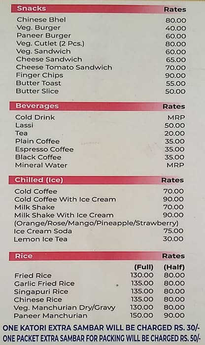 Raja Snacks Bar menu