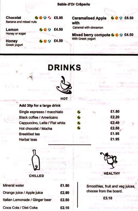 Sable Menu Menu at Sable D'Or cafe, London, 249 Muswell Hill Broadway