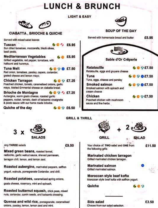 Sable Menu Menu at Sable D'Or cafe, London, 249 Muswell Hill Broadway
