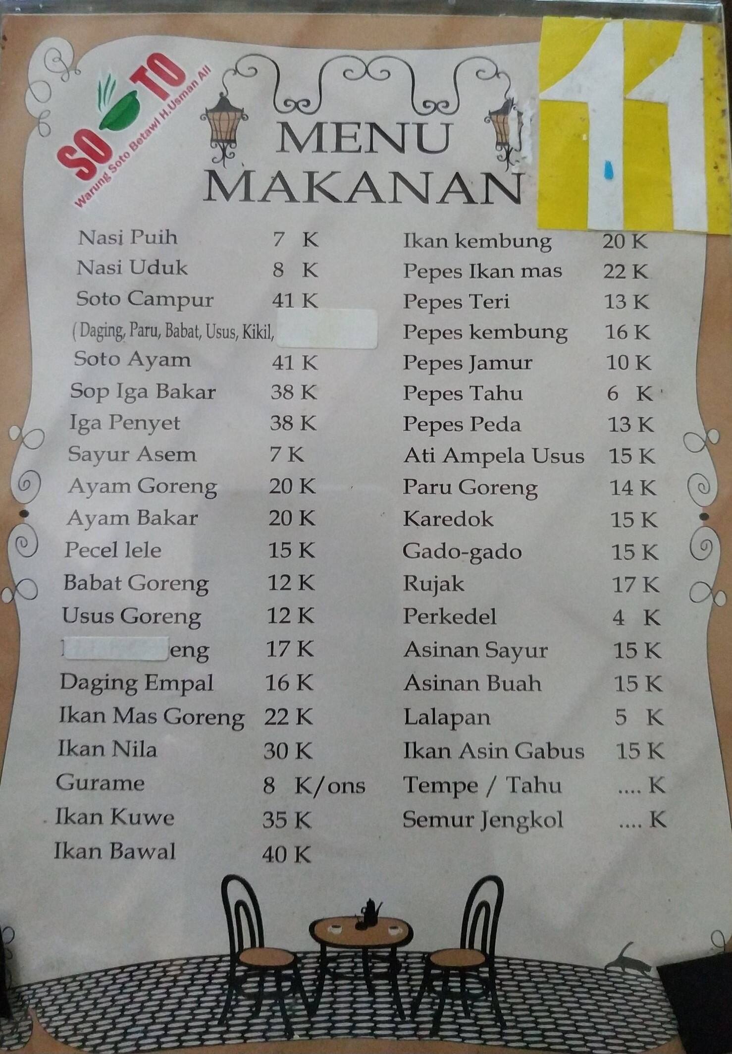 Menu at Soto Betawi H Usman Ali restaurant, South Tangerang