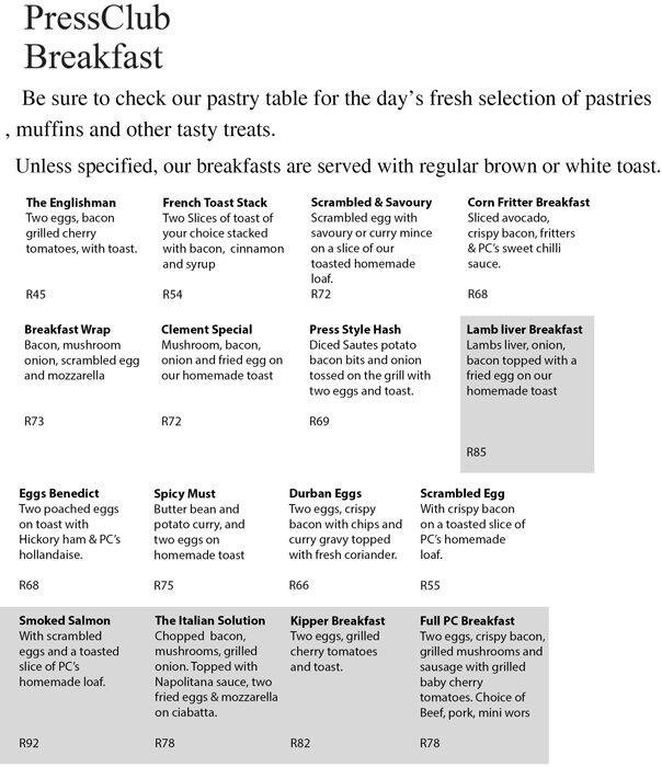 Press Club Menu, Menu for Press Club, Umhlanga, Durban Zomato SA