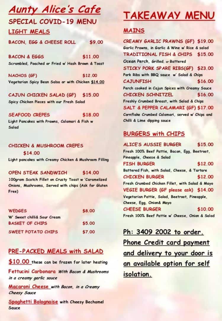 Menu at Aunty Alice's Café cafe, Russell Island