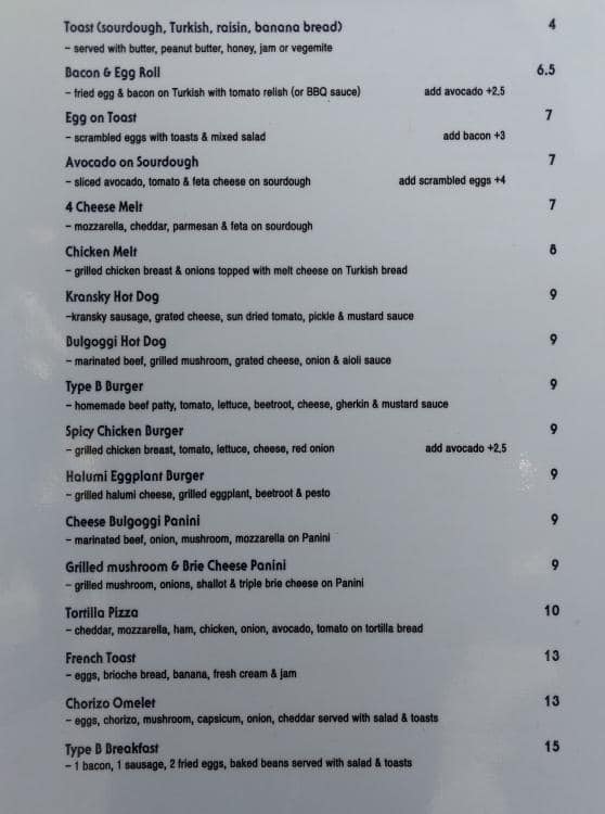 Type B Menu, Menu For Type B, Chinatown, Sydney - Urbanspoon/Zomato