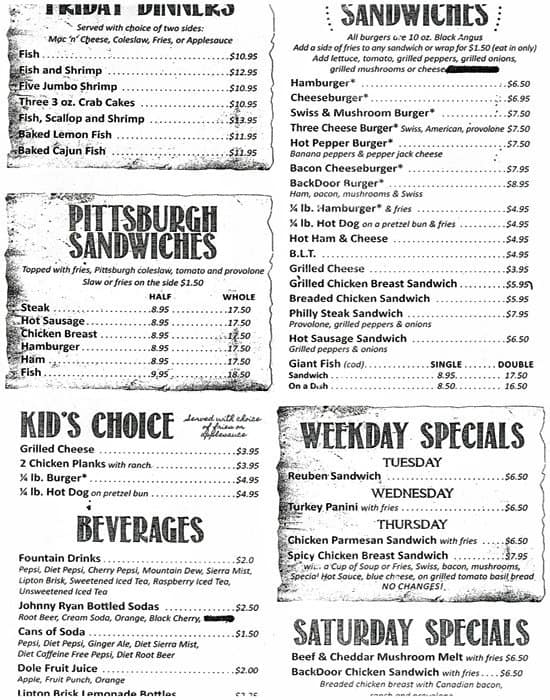 Back Door Tavern Menu Menu For Back Door Tavern New Brighton